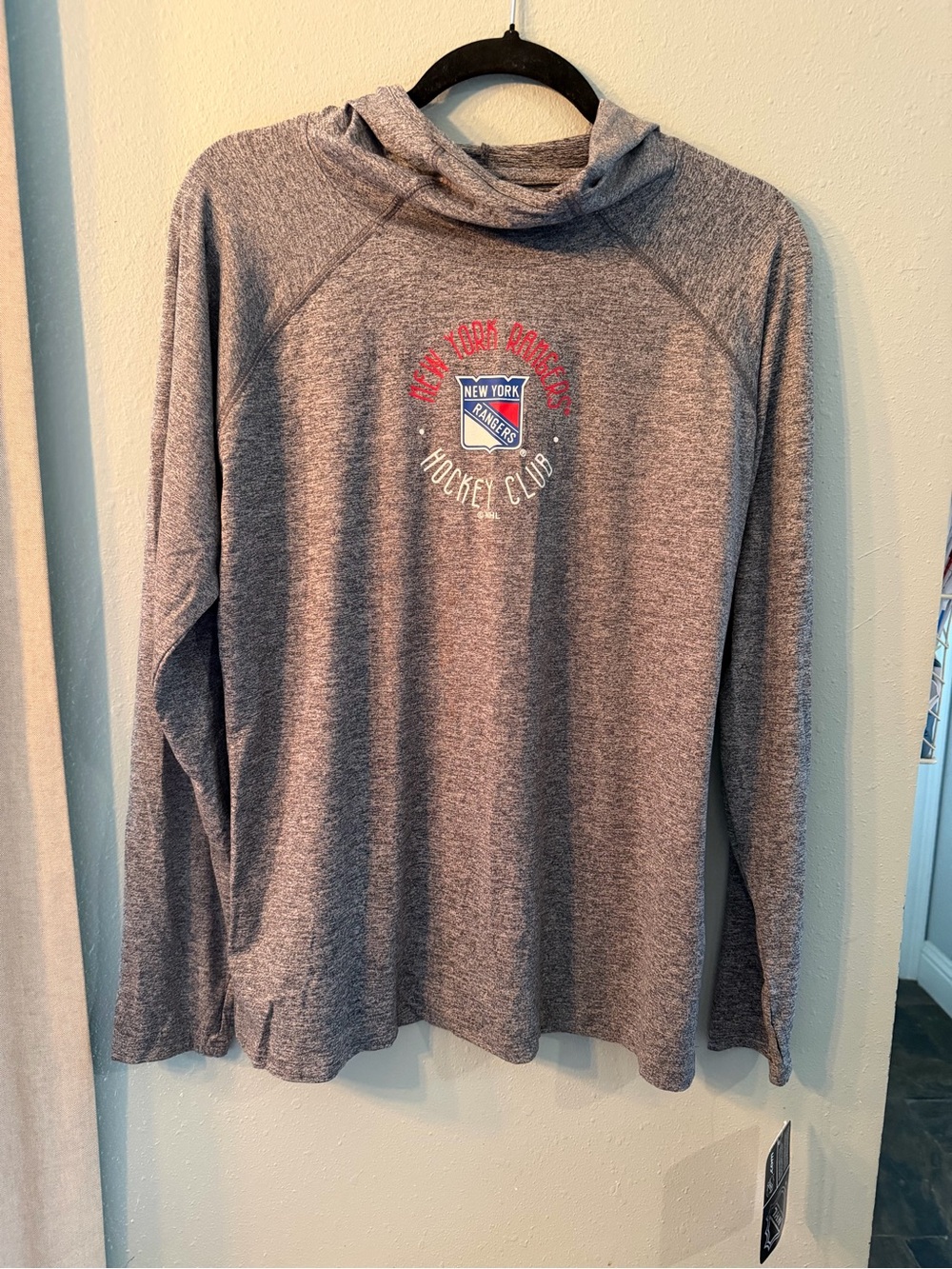 New York Ranger’s NHL Hockey Club Gray Performance Hooded Long Sleeve Top L